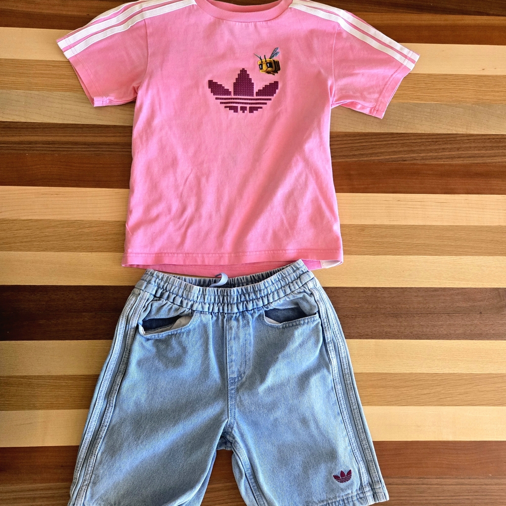 Adidas X Minecraft Pink Top and Denim Shorts Kids Matching Set Size 7-8 XS